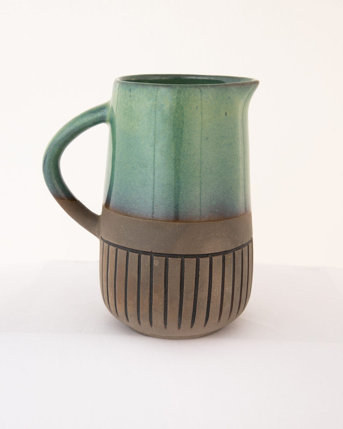 Dual-Tone Ribbed Ceramic Jug, Sea Green and Stone