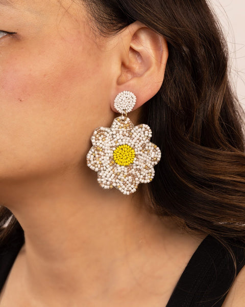 Beaded Flower Drop Earrings - Cream