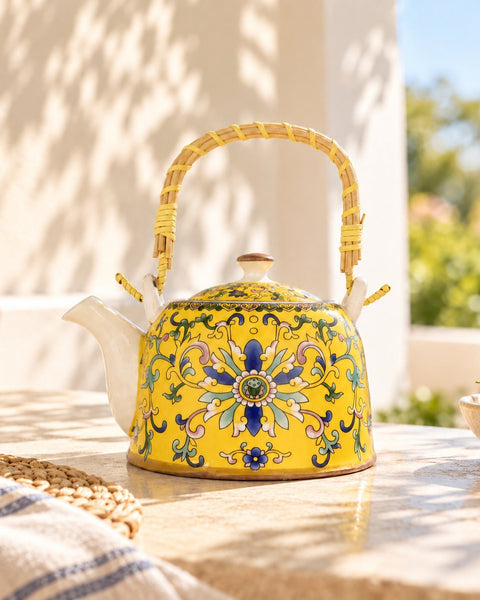Chai Hour Cane-Handle Ceramic Kettle - Yellow Tile
