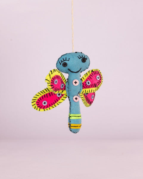 Flutter Embroidered Wool-Felt Butterfly Hanging - Blue & Pink