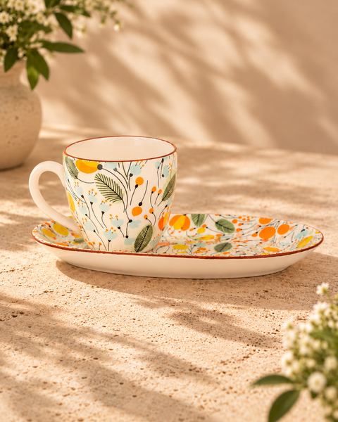 Genda Marigold Floral Ceramic Cup & Plate Set