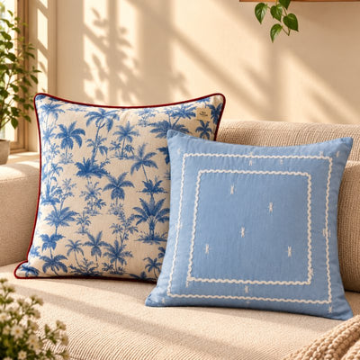 Home Furnishing: blue printed and embroidered cushion covers