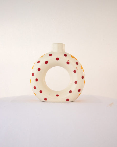 Polka Dot Hand-Painted Ceramic Donut Vase - Red & Ochre