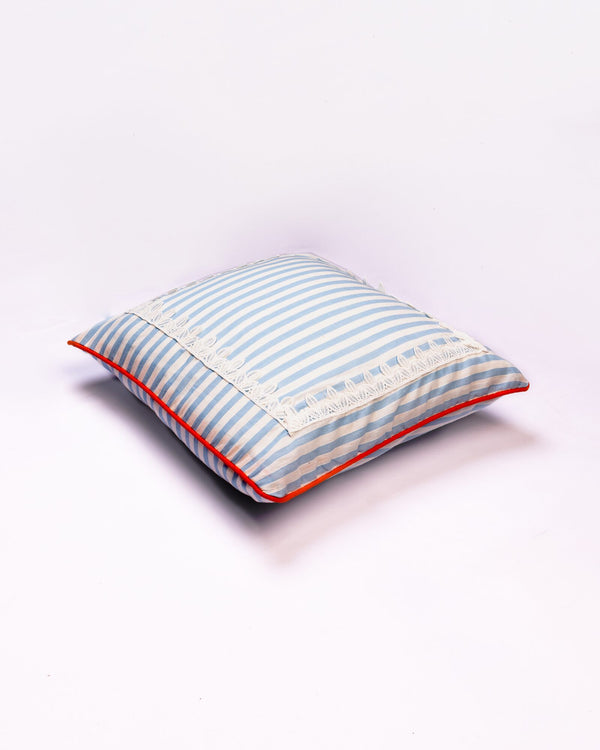 Stripe & Trim Cotton Cushion Cover - Sky Blue - view 2 of 3