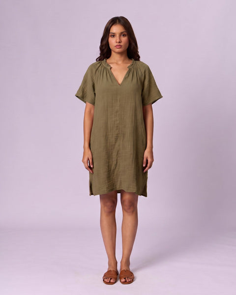 Women's Ruffle Neck Gauze Shift Dress - Olive Green
