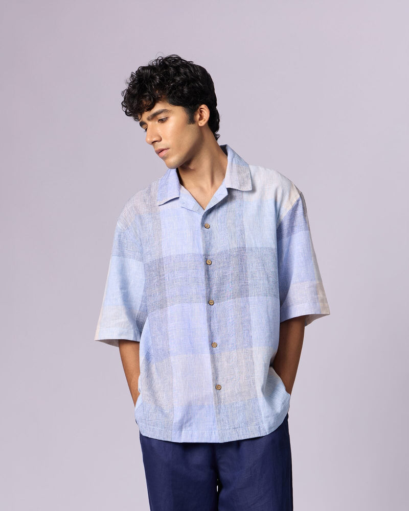 Men's Checked Camp Collar Cotton Shirt, Powder Blue