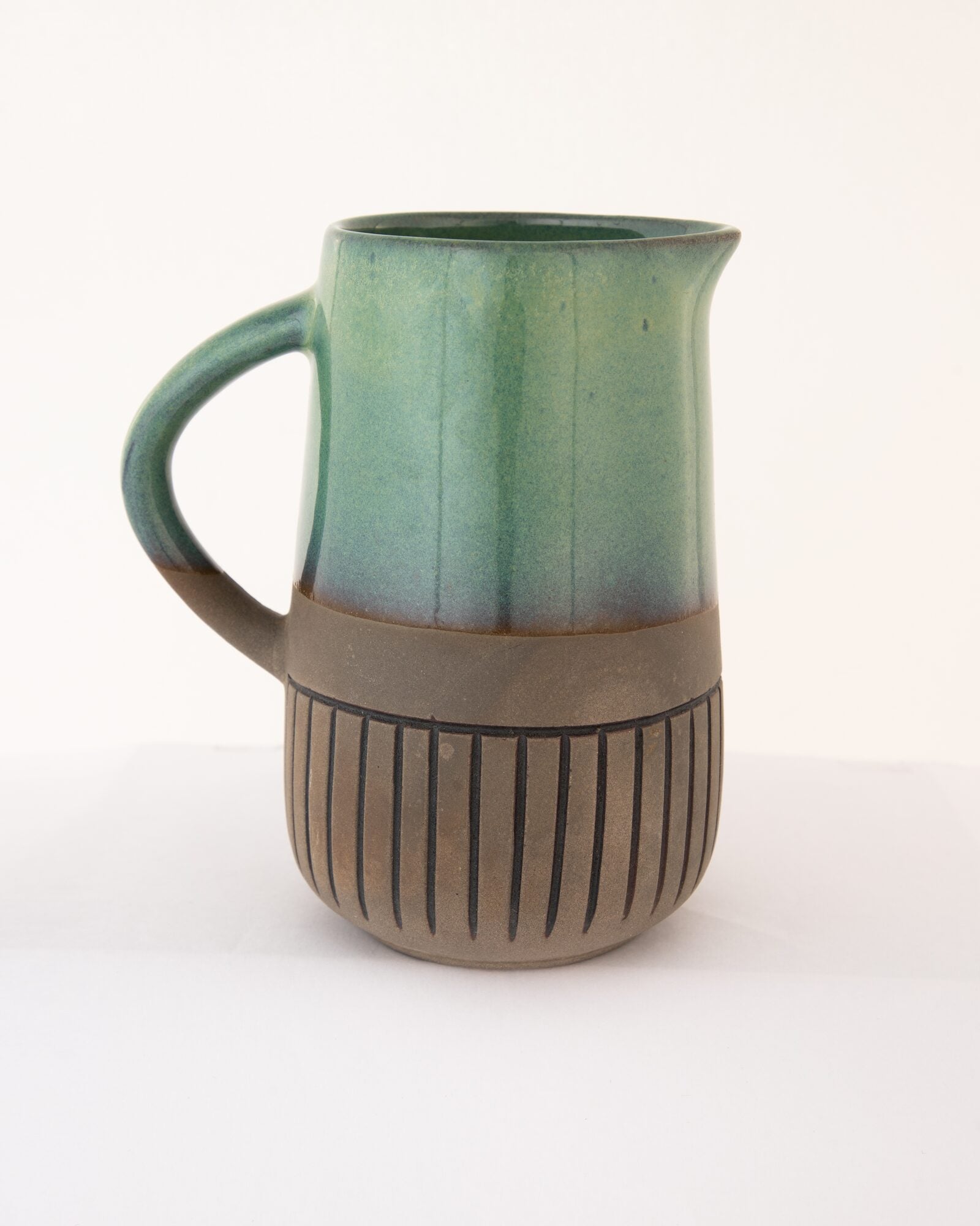 Dual-Tone Ribbed Ceramic Jug, Sea Green and Stone
