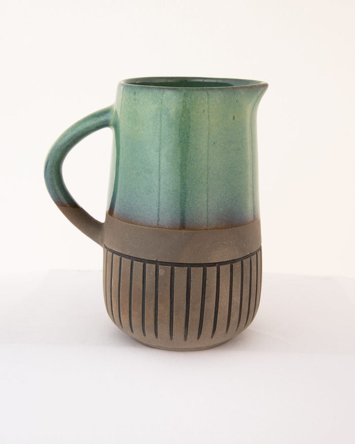 Dual-Tone Ribbed Ceramic Jug, Sea Green and Stone
