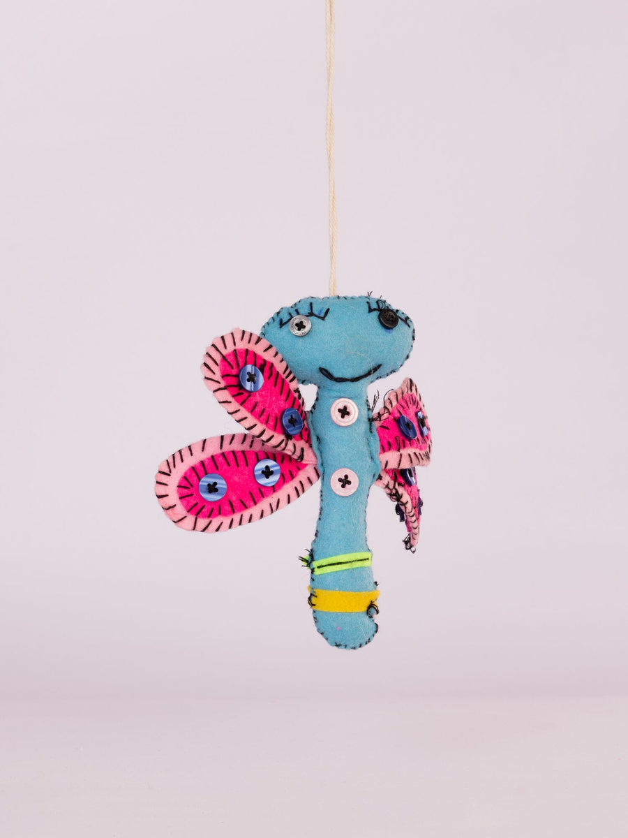 Embroidered Wool-Felt Butterfly Hanging, Blue and Magenta