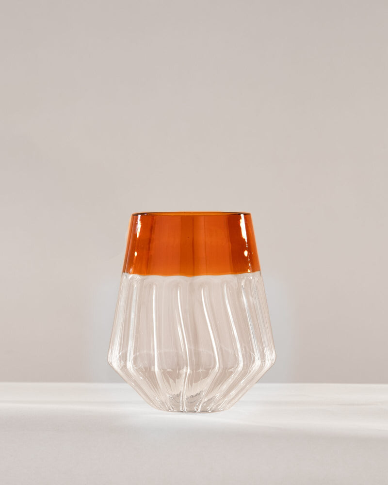 Ribbed Glass Tumbler with Coloured Rim, Amber