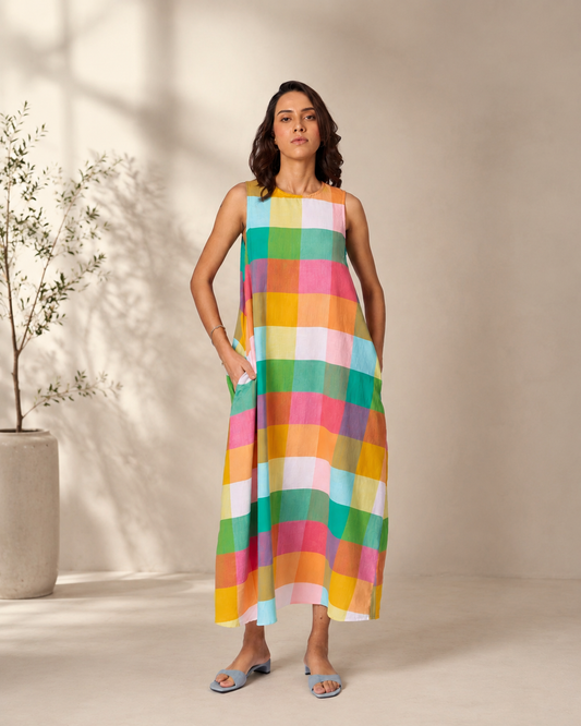 Women's Madras Checked Cotton Maxi Dress - Multicolour