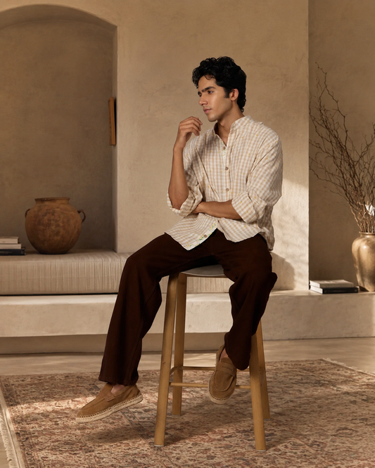 Men's Mandarin Collar Checked Cotton Shirt - Sand