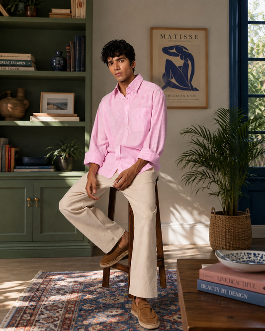 Men's Striped Relaxed Cotton Shirt - Pink