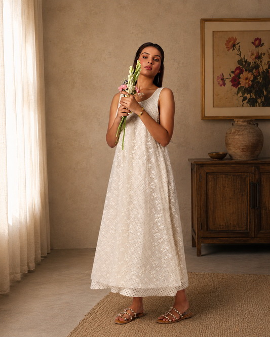 Women's Eyelet Cotton Midi Dress - Ivory