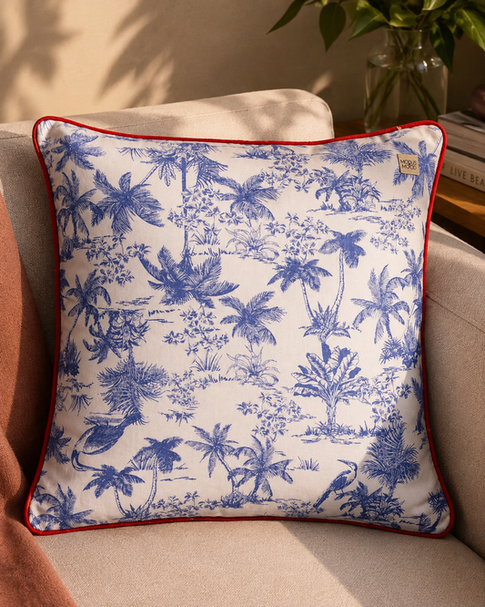 Palm Toile Cotton Cushion Cover - Blue