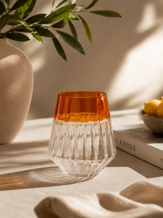 Ribbed Glass Tumbler with Coloured Rim - Amber