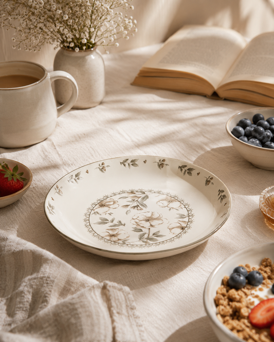 Floral Rim Ceramic Dinner Plate - Sepia, Large