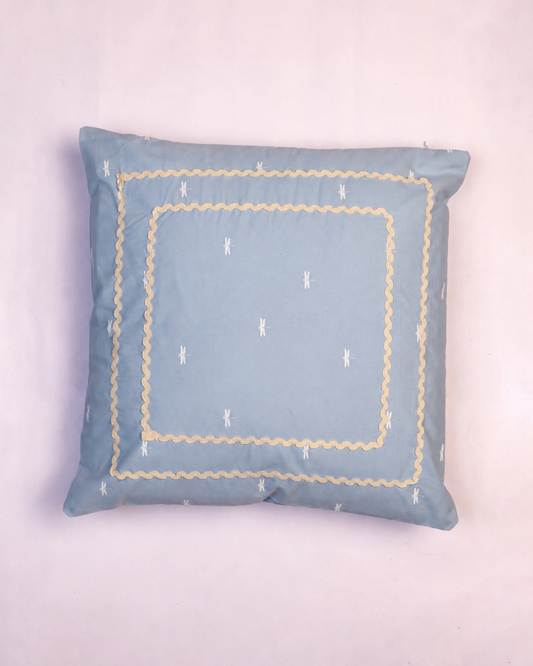 Dragonfly Cotton Cushion Cover - Pale Blue - Off White Lace