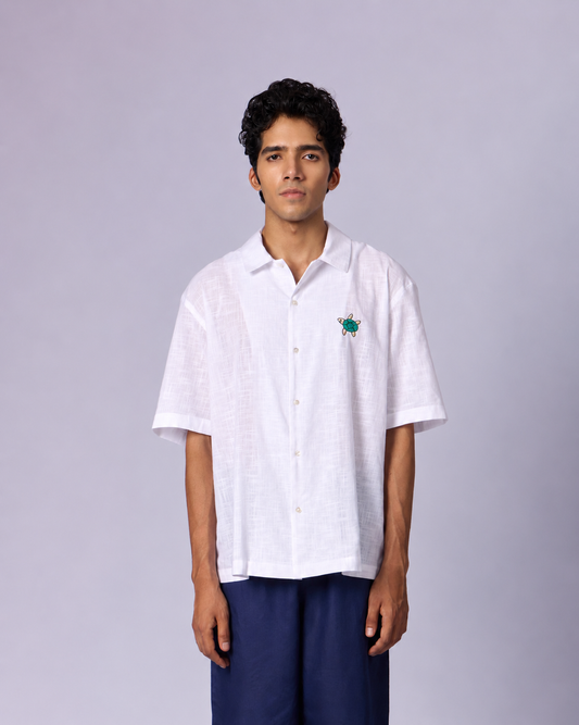 Men's Textured Camp Collar Cotton Shirt - White