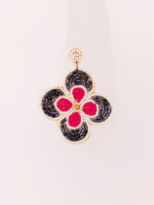 Beaded Clover Statement Earrings - Black & Pink by Modus & Mood