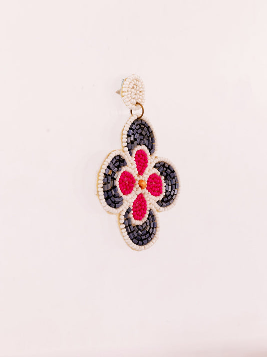 Beaded Clover Statement Earrings - Black & Pink - view 2 of 3