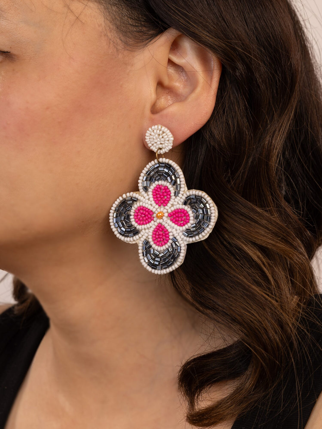Beaded Clover Statement Earrings - Black & Pink - view 3 of 3