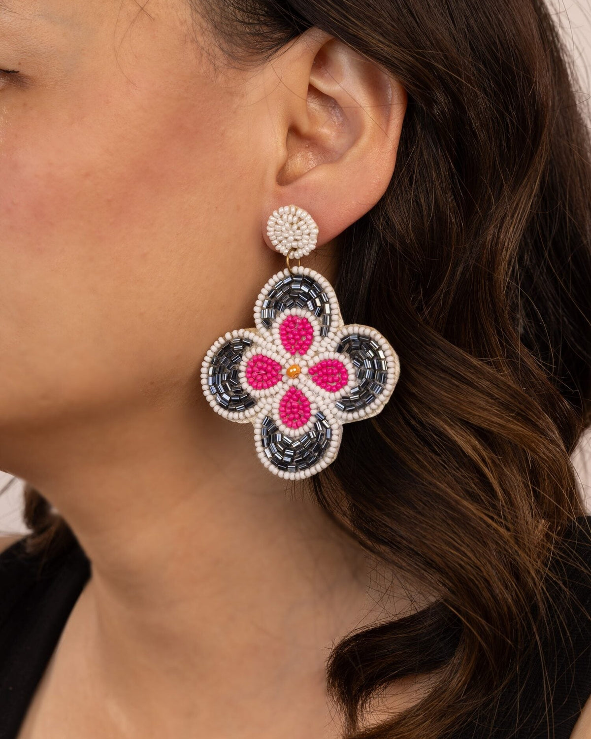Beaded Clover Statement Earrings - Black & Pink by Modus & Mood