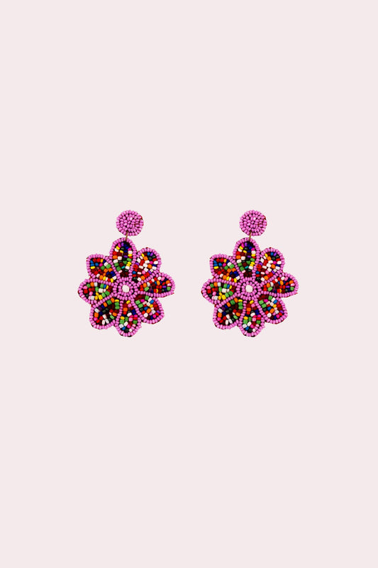 Beaded Flower Statement Earrings - Pink & Green by Modus & Mood