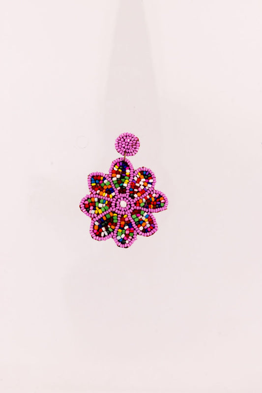 Beaded Flower Statement Earrings - Pink & Green - view 2 of 4