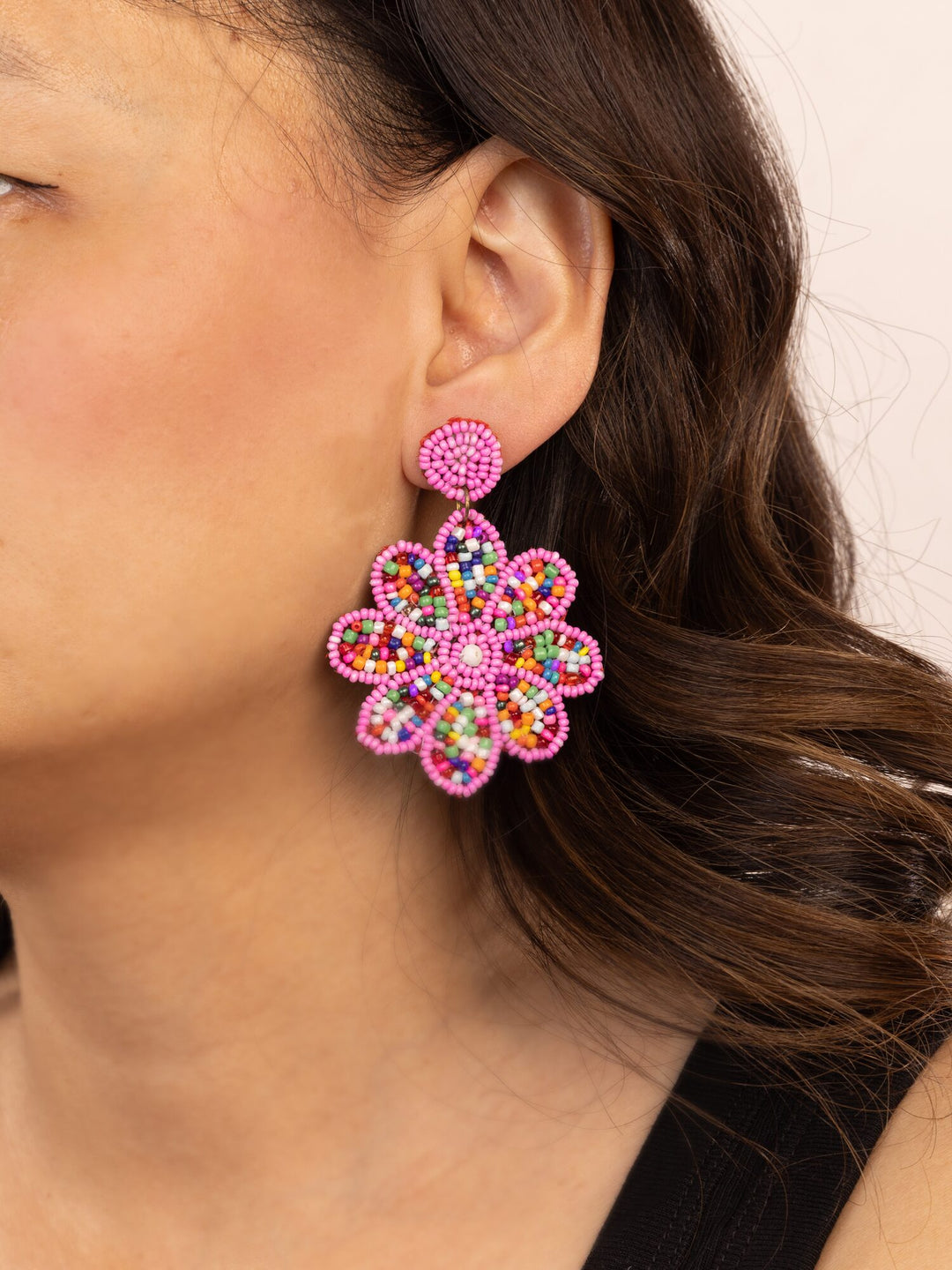 Beaded Flower Statement Earrings - Pink & Green - view 4 of 4