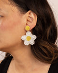 Beaded Daisy Drop Earrings - White & Yellow