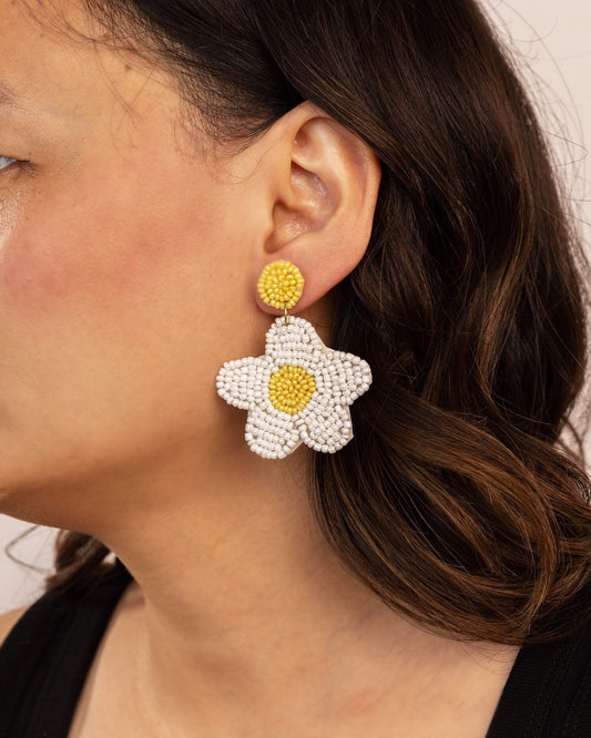 Beaded Daisy Drop Earrings - White & Yellow by Modus & Mood