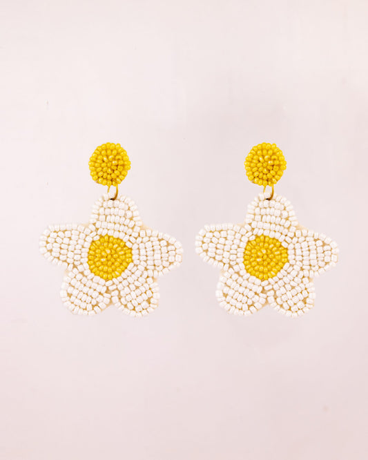 Beaded Daisy Drop Earrings - White & Yellow by Modus & Mood