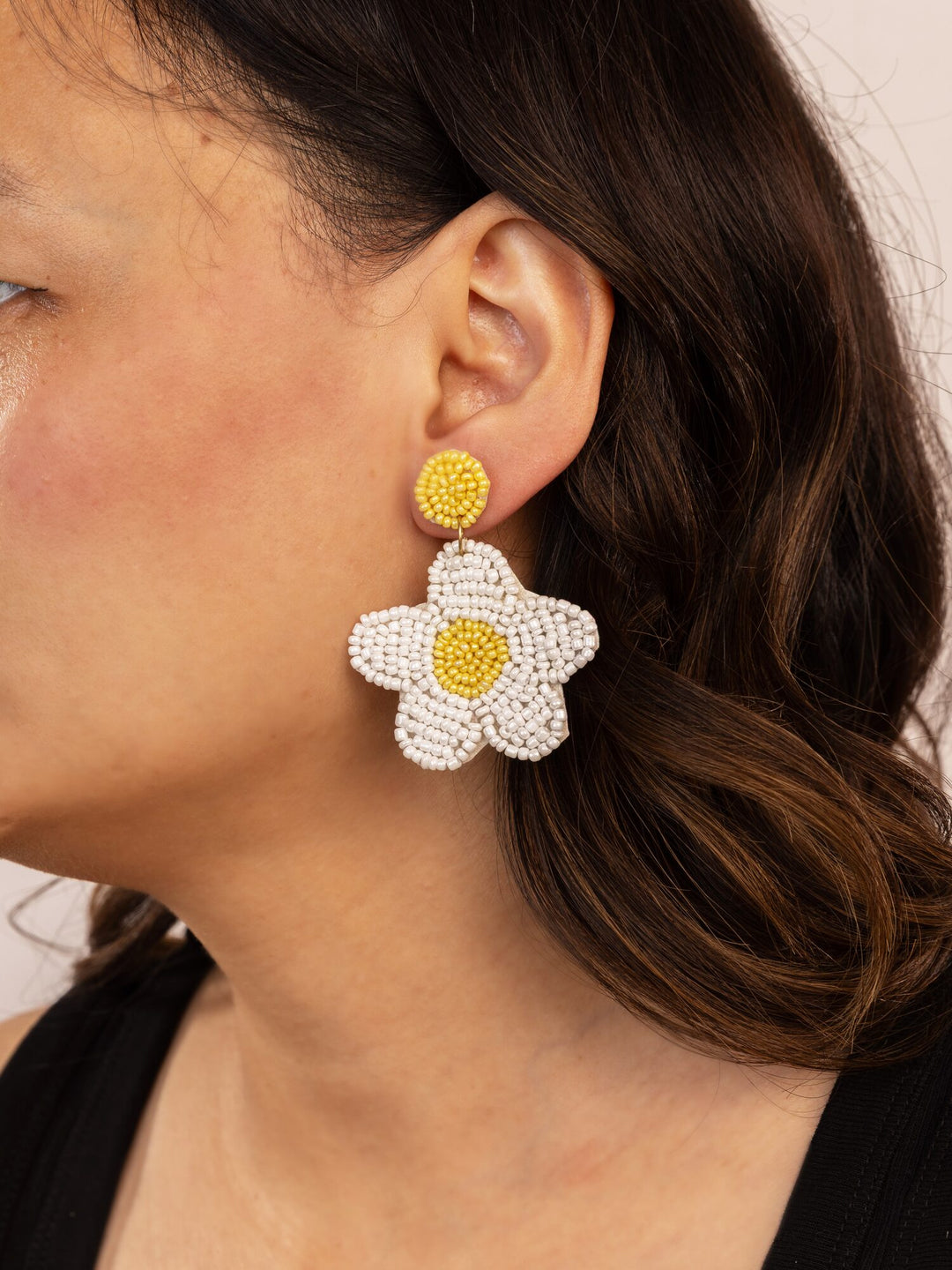 Beaded Daisy Drop Earrings - White & Yellow - view 3 of 3