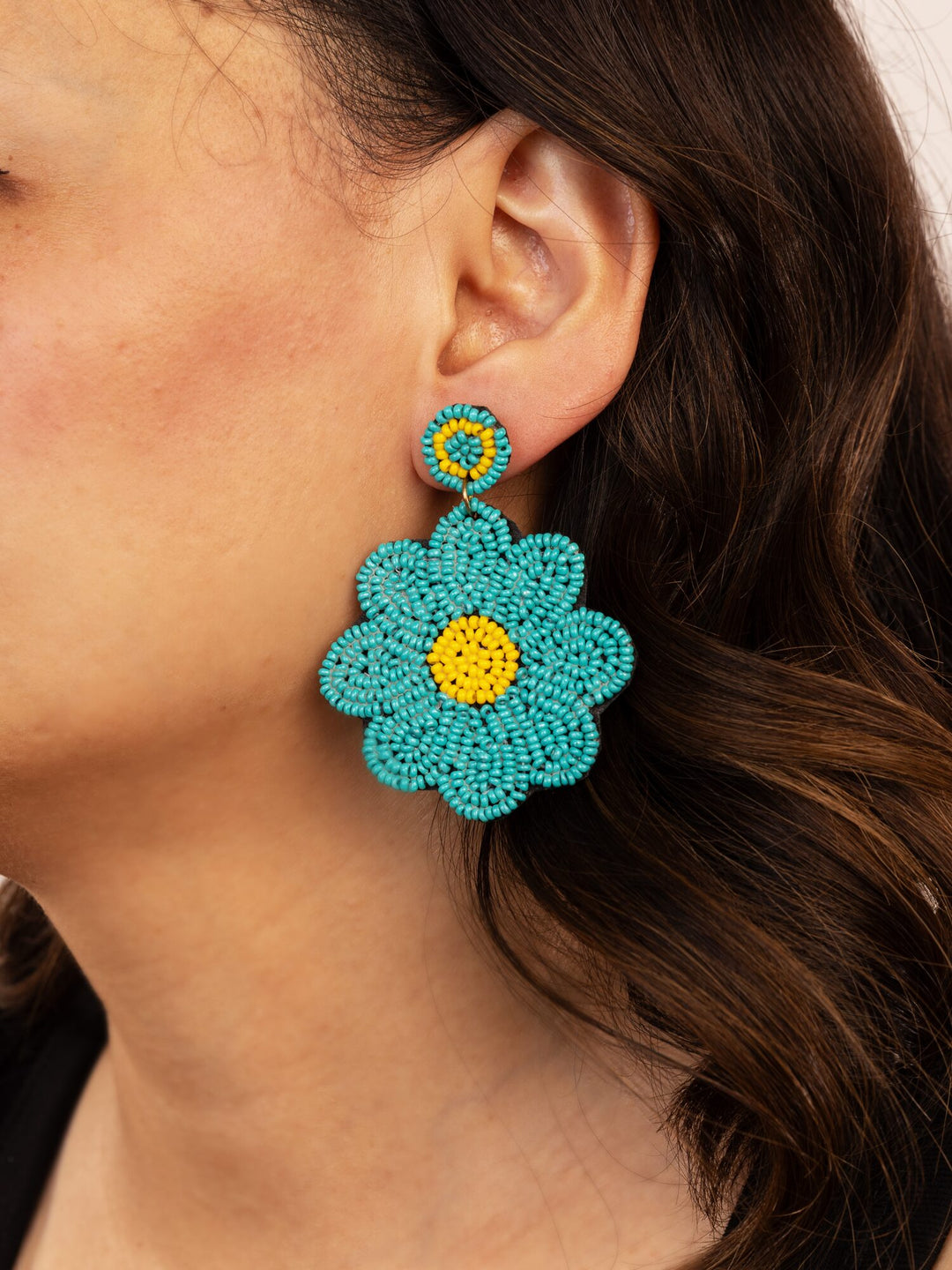 Beaded Flower Statement Earrings - Teal - view 4 of 4