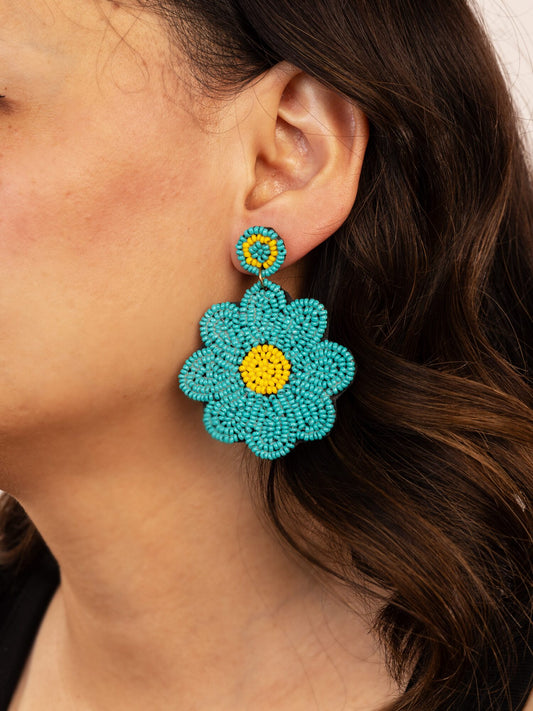 Beaded Flower Statement Earrings - Teal - view 4 of 4
