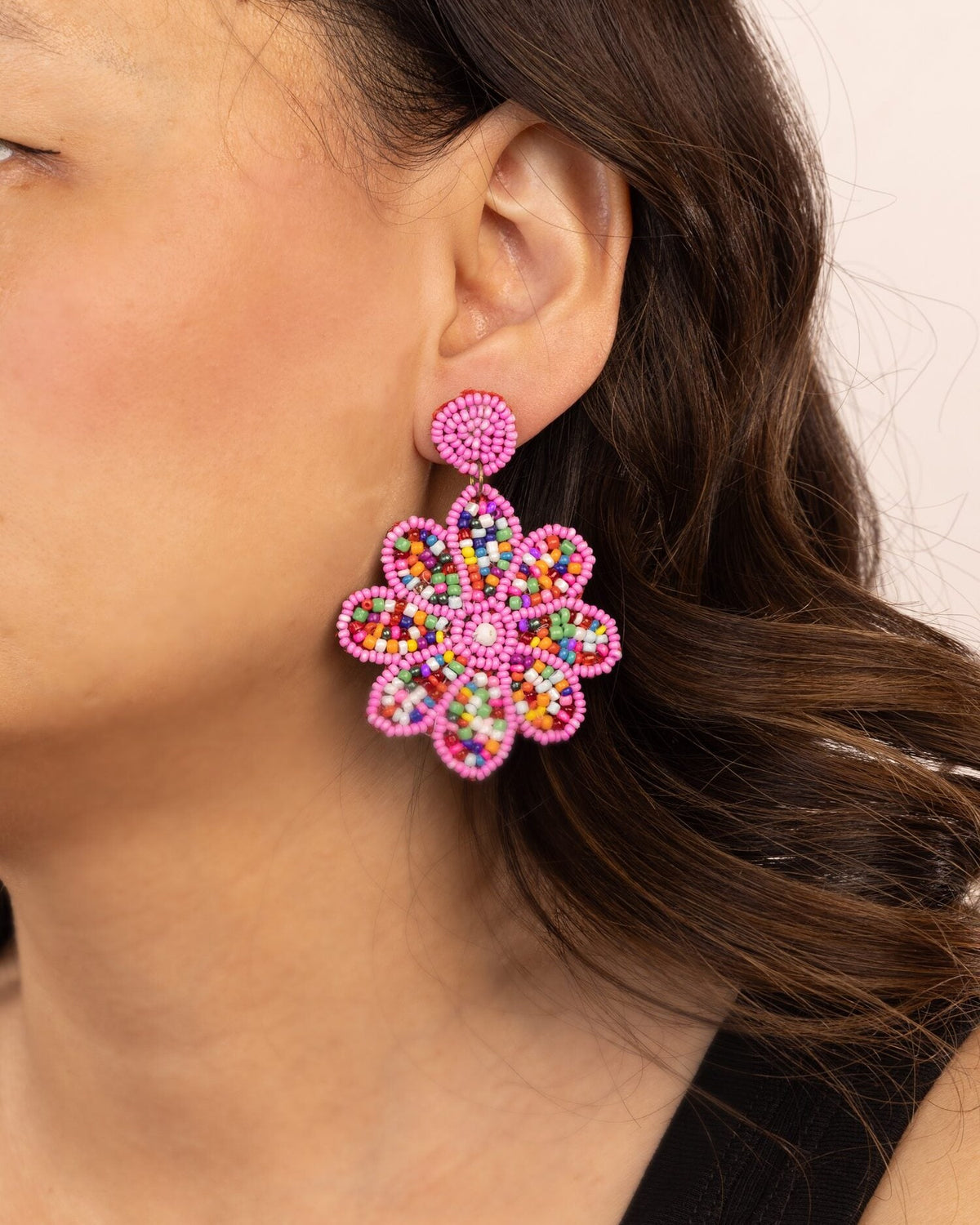 Beaded Flower Statement Earrings - Pink & Green by Modus & Mood