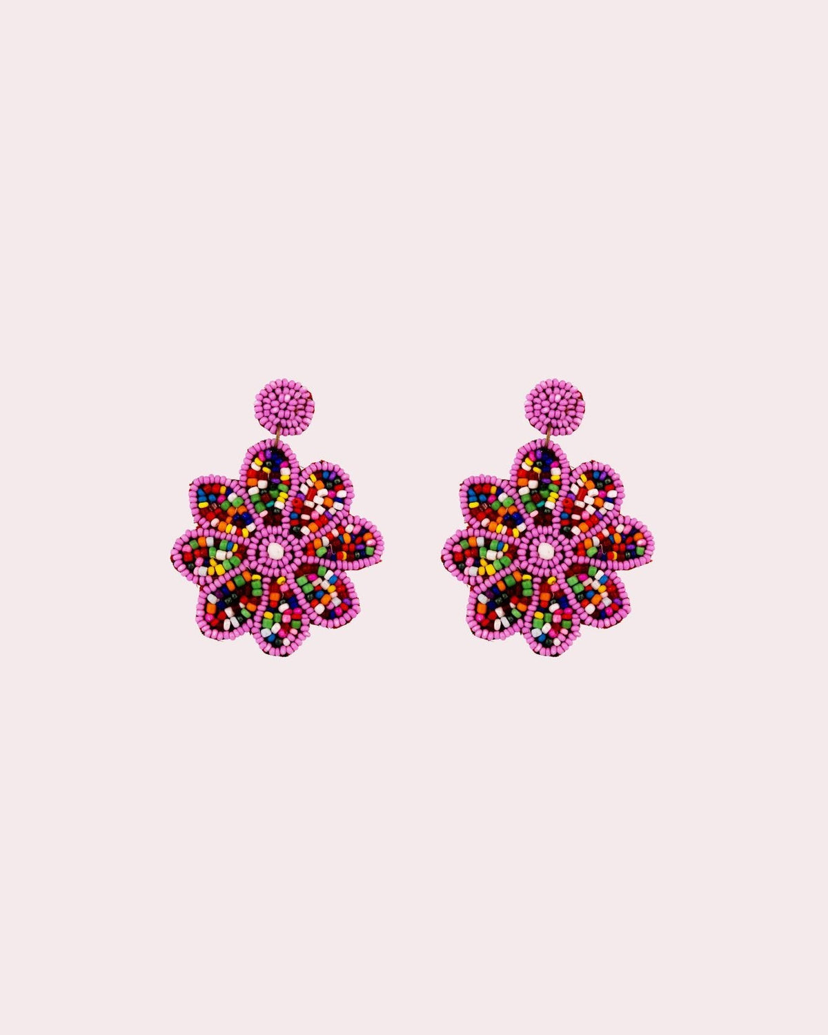 Beaded Flower Statement Earrings - Pink & Green - view 3 of 4