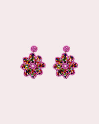 Beaded Flower Statement Earrings - Pink & Green - view 3 of 4