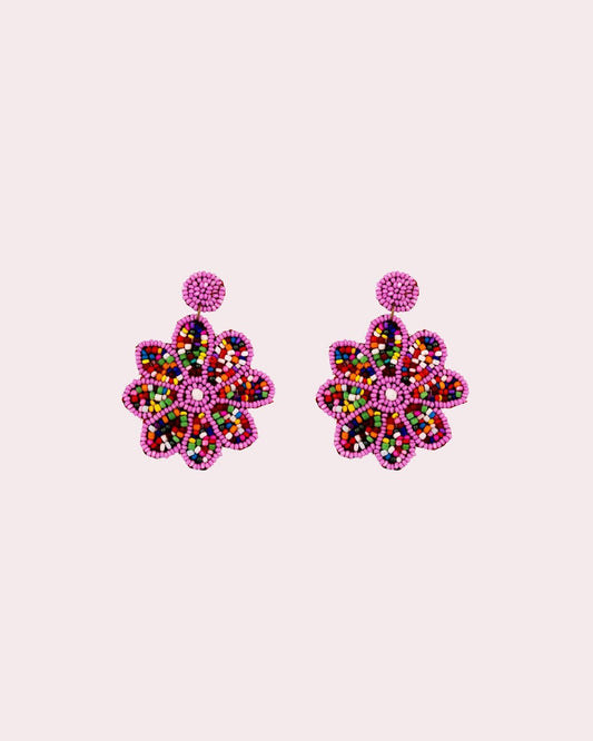 Beaded Flower Statement Earrings - Pink & Green - view 3 of 4