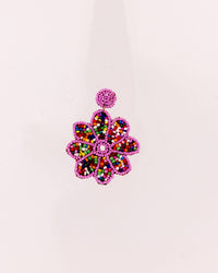 Beaded Flower Statement Earrings - Pink & Green - view 4 of 4