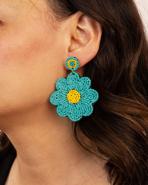 Beaded Flower Statement Earrings - Teal