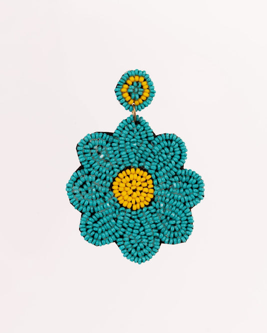Beaded Flower Statement Earrings - Teal - view 2 of 4