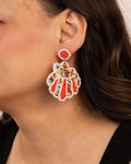 Beaded Scallop Statement Earrings - Red