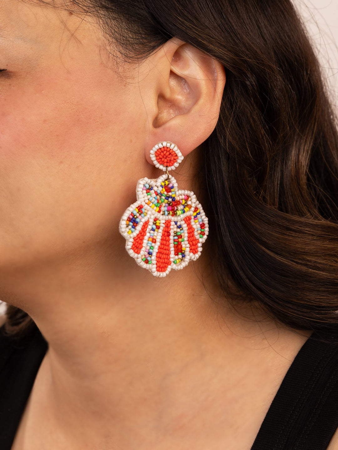 Beaded Scallop Statement Earrings - Red - view 4 of 4