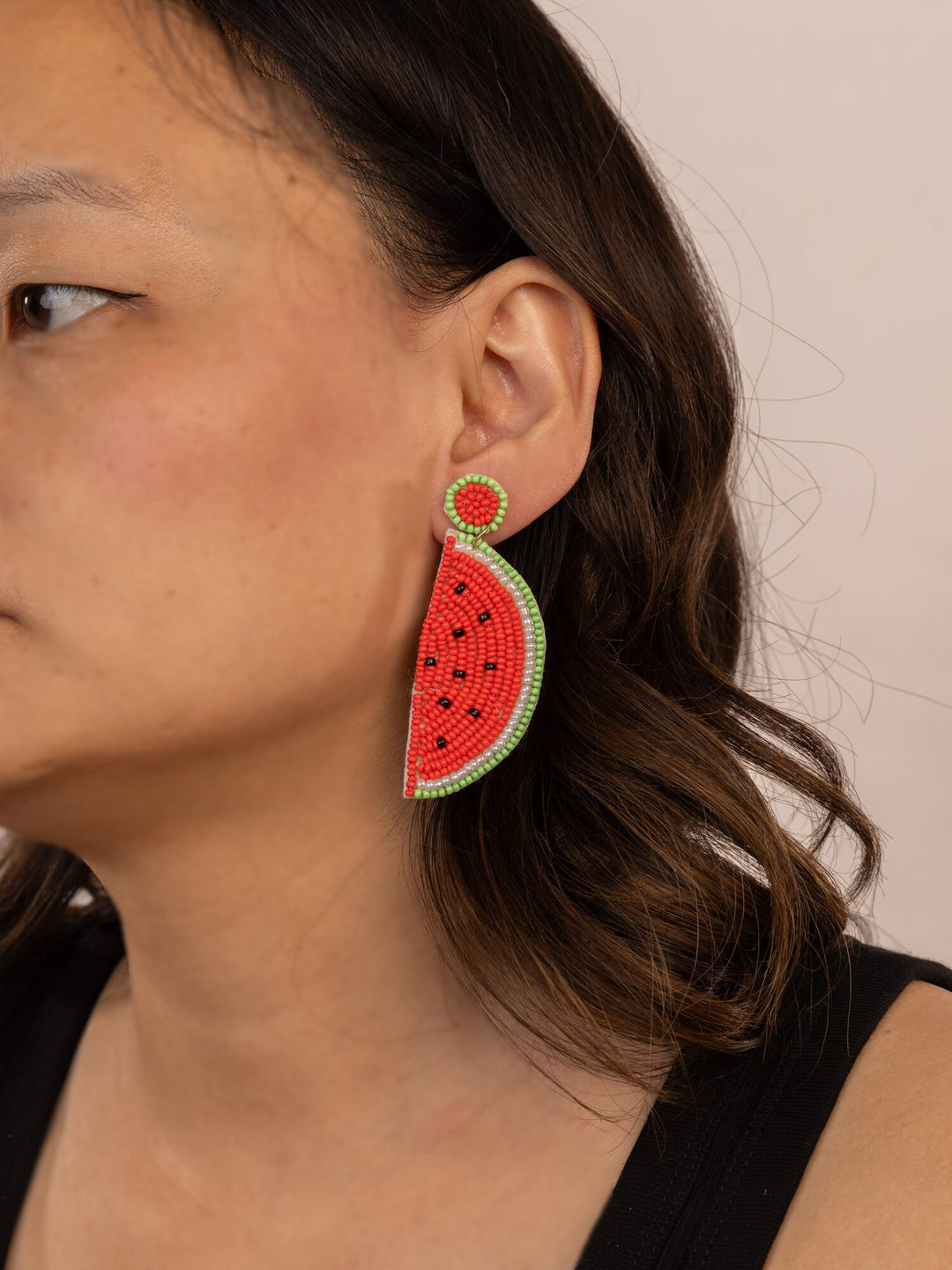 Beaded Watermelon Drop Earrings - Pink & Green - view 3 of 3