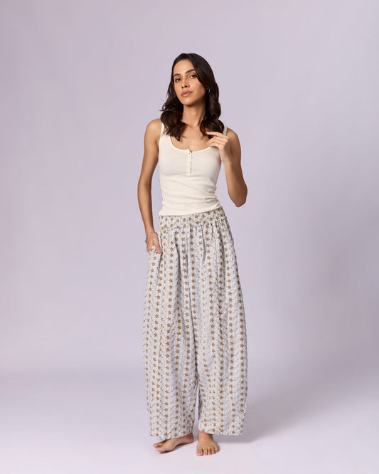 Women's Schiffli Wide-Leg Cotton Trousers - Ochre by Modus & Mood