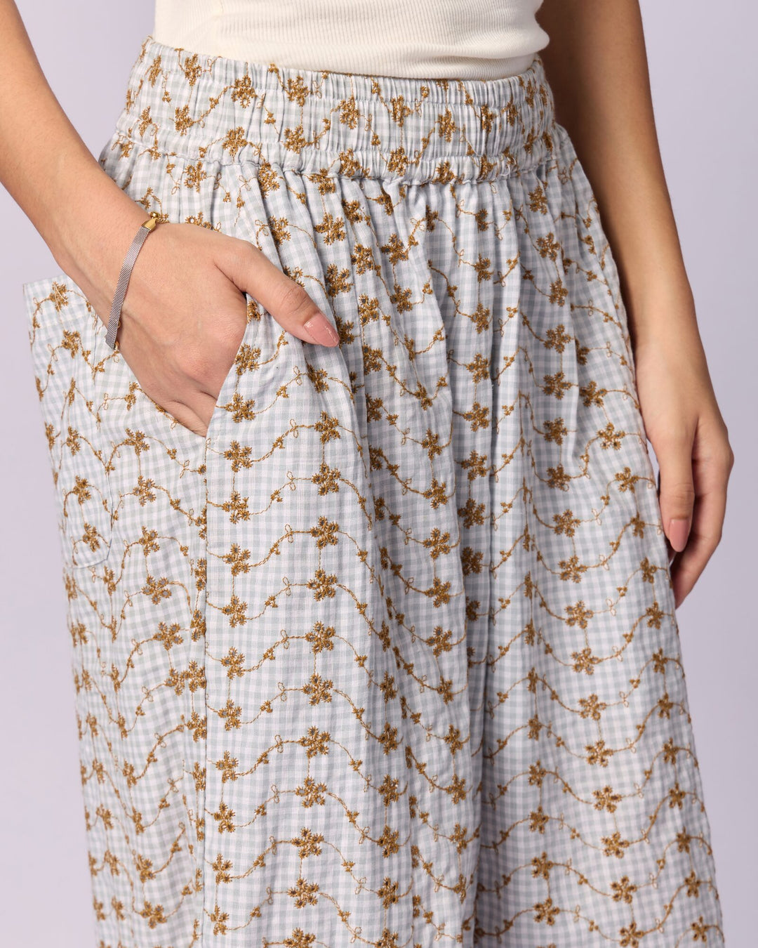 Women's Schiffli Wide-Leg Cotton Trousers - Ochre - view 5 of 6