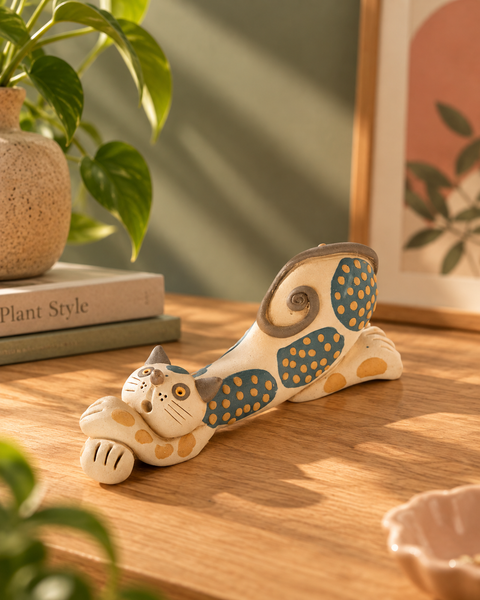 Catnap Nerikomi Ceramic Cat Figurine - Indigo