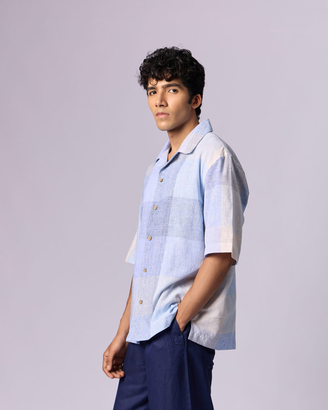 Men's Checked Camp Collar Cotton Shirt - Powder Blue - view 2 of 6